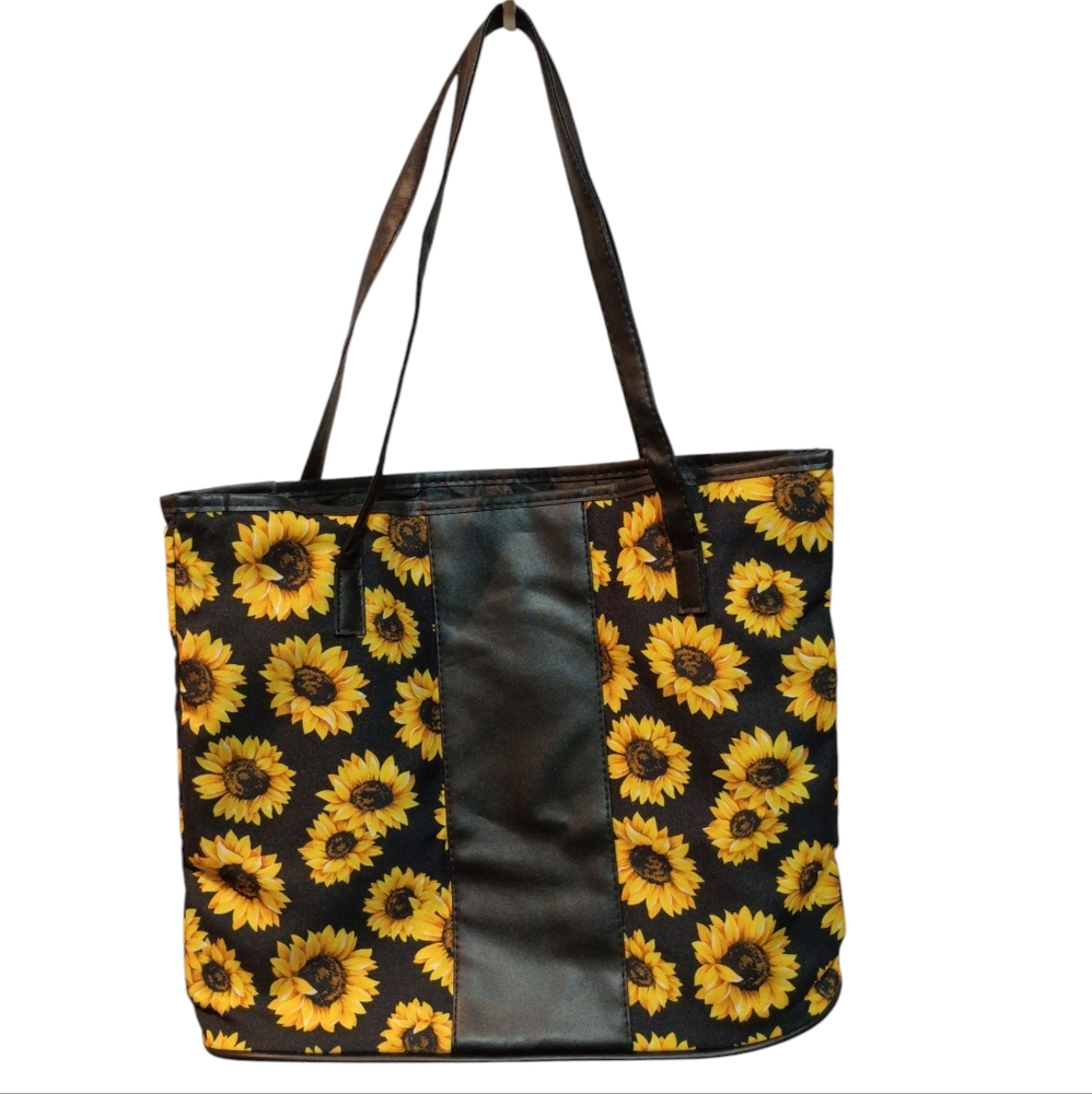 NWOT Sunflower Print Black Tote Bag With Small Wristlet